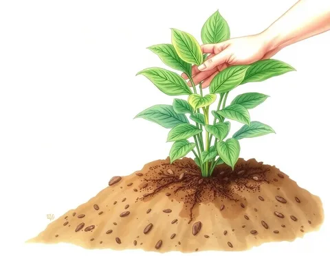 AI-generated illustration: Watercolor illustration of mulching a young hosta plant