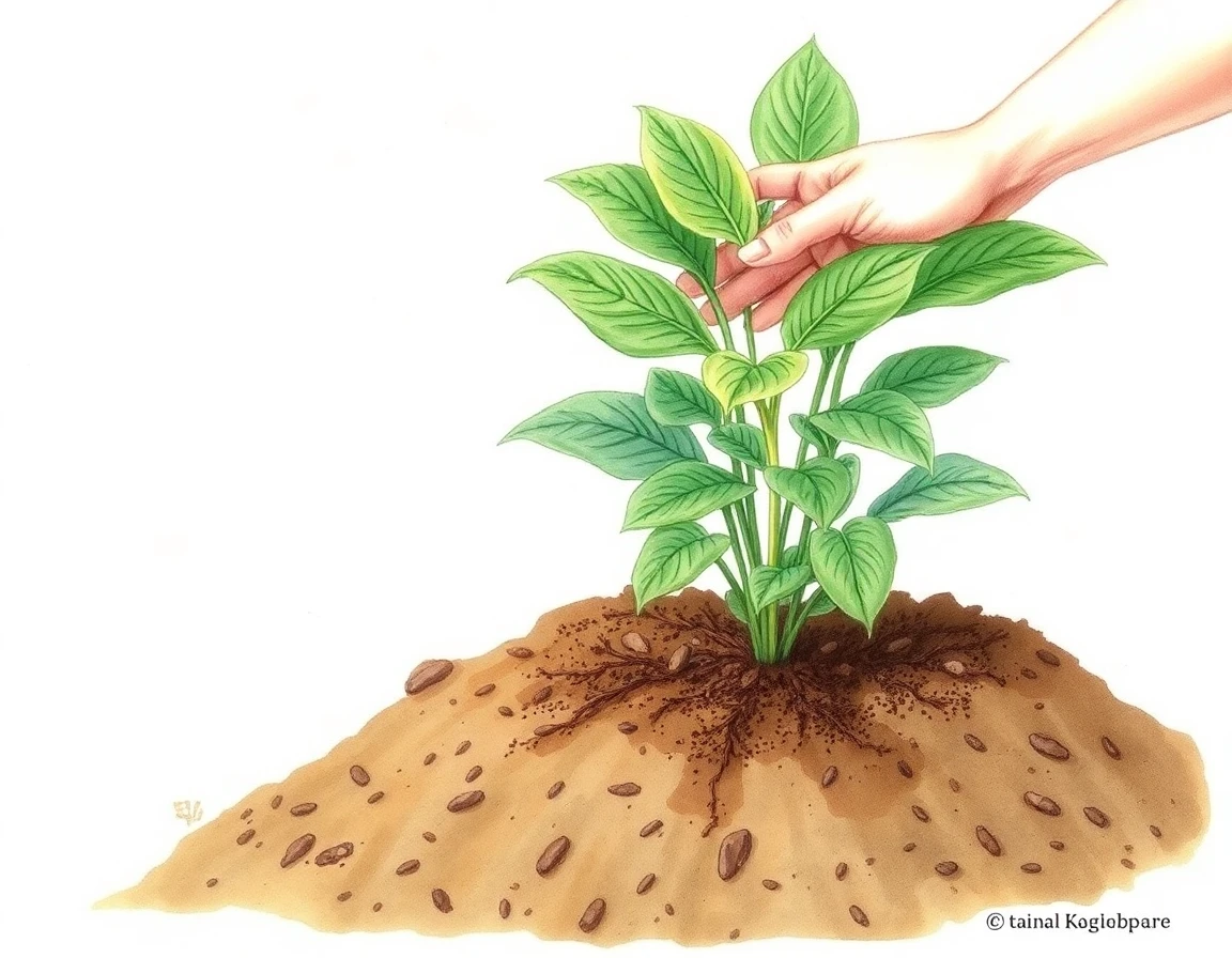 Watercolor illustration of mulching a young hosta plant
