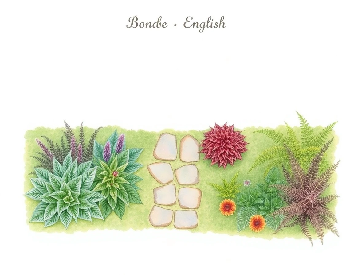 Watercolor garden plan with hostas, astilbe and ferns