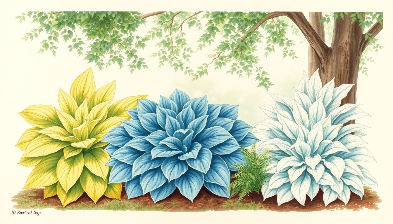 Botanical watercolor of a shade garden border with three hosta varieties surrounded by ferns and heuchera