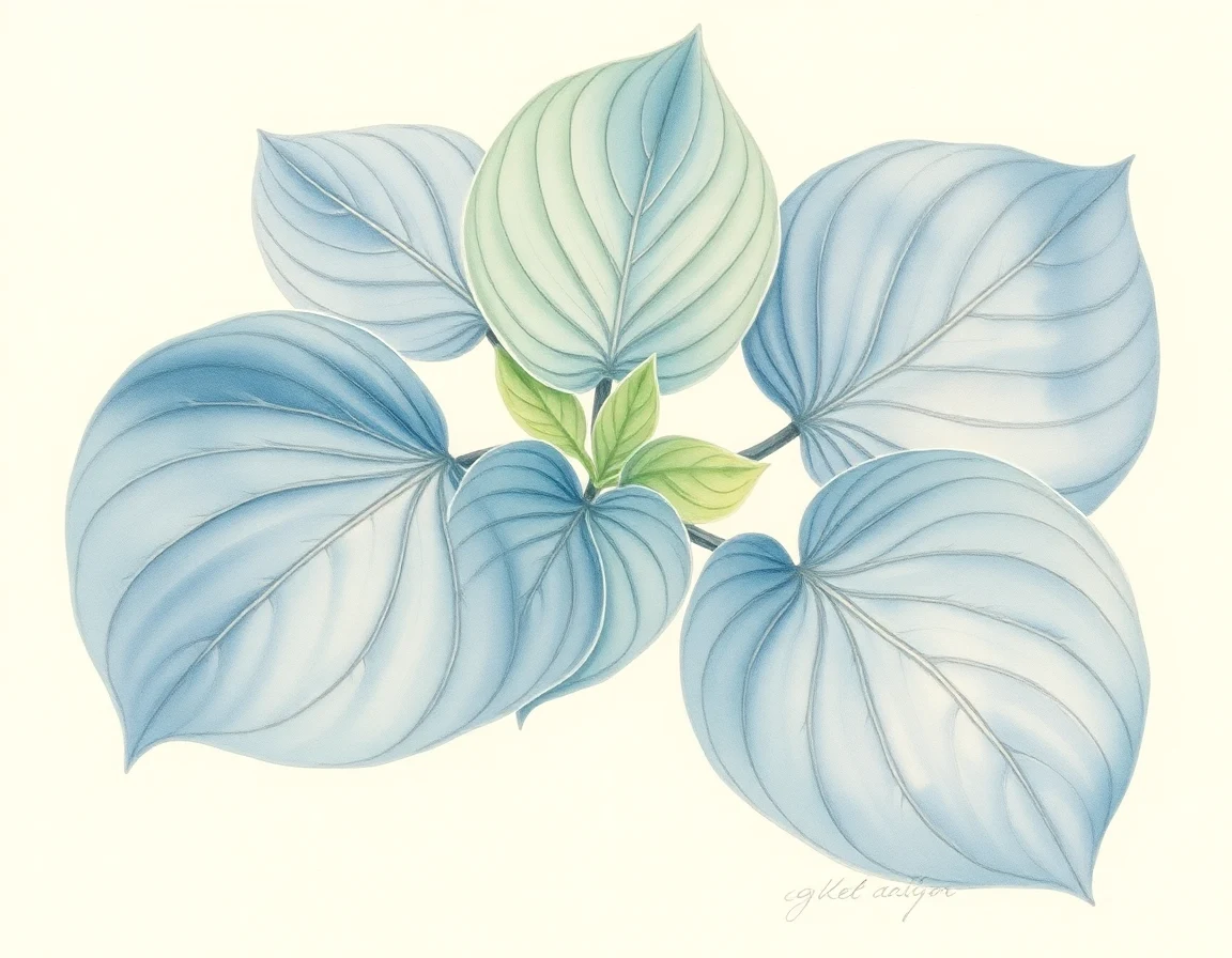 Watercolor illustration of Hosta 'Greenhead Badger Blue'