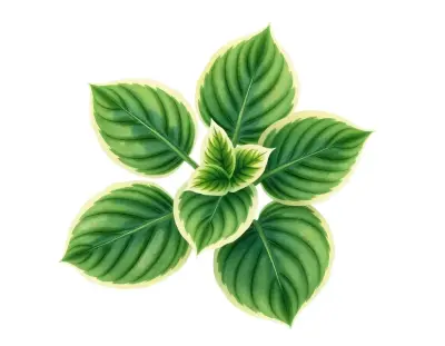 AI-generated watercolor illustration of Hosta 'Kaleidochrome' (not a photograph)