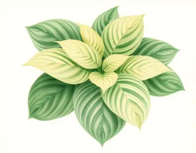 AI-generated watercolor illustration of Hosta 'Lunar Magic' (not a photograph)