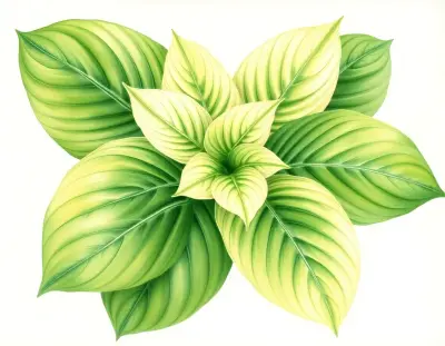 AI-generated watercolor illustration of Hosta 'Olive Oil' (not a photograph)
